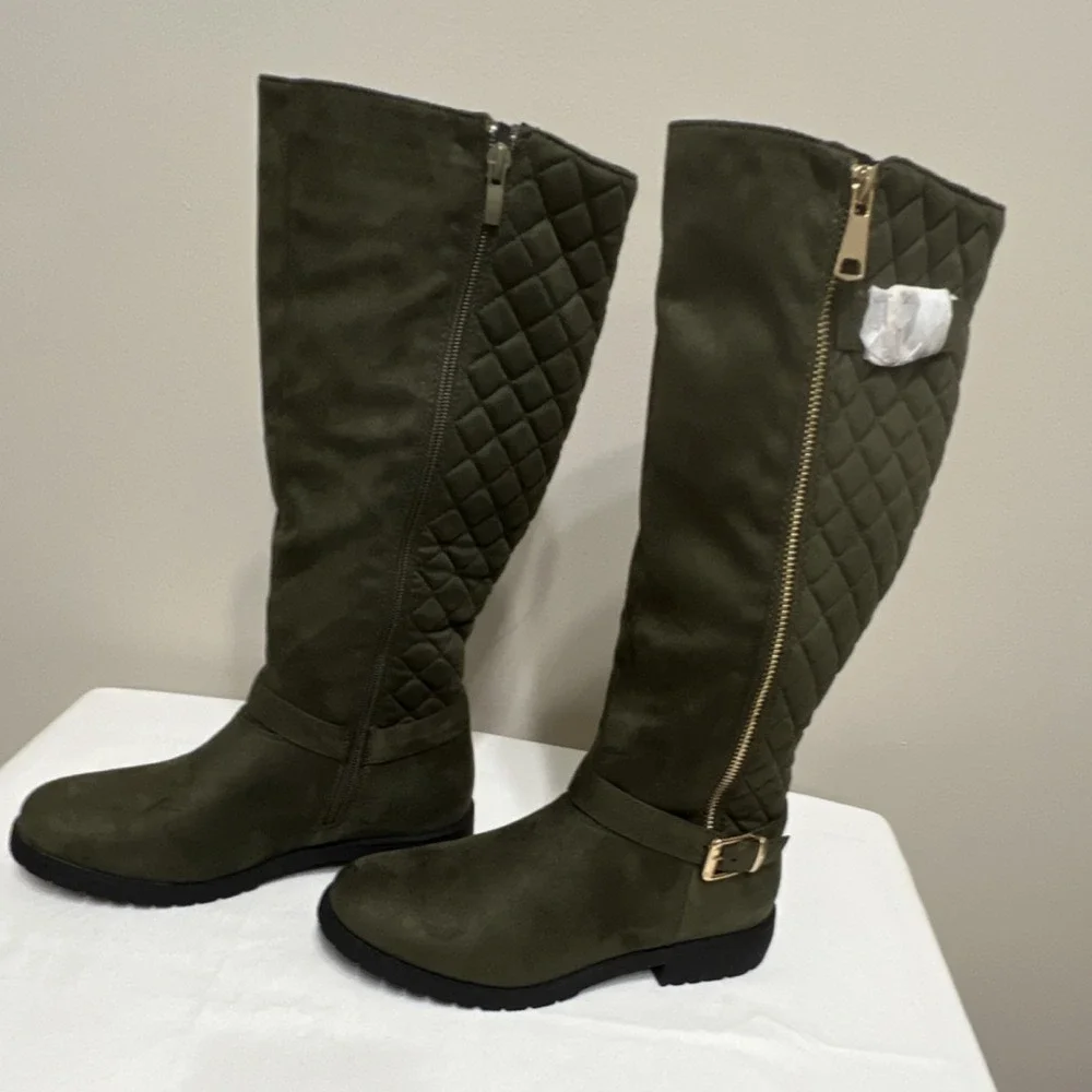 Rachel Quilted Microfiber Knee High Riding Boots Olive Zipper Buckle Women's 7M